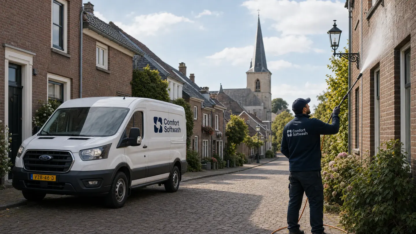 Comfort Softwash medewerker reinigt een gevel naast de bedrijfsbus