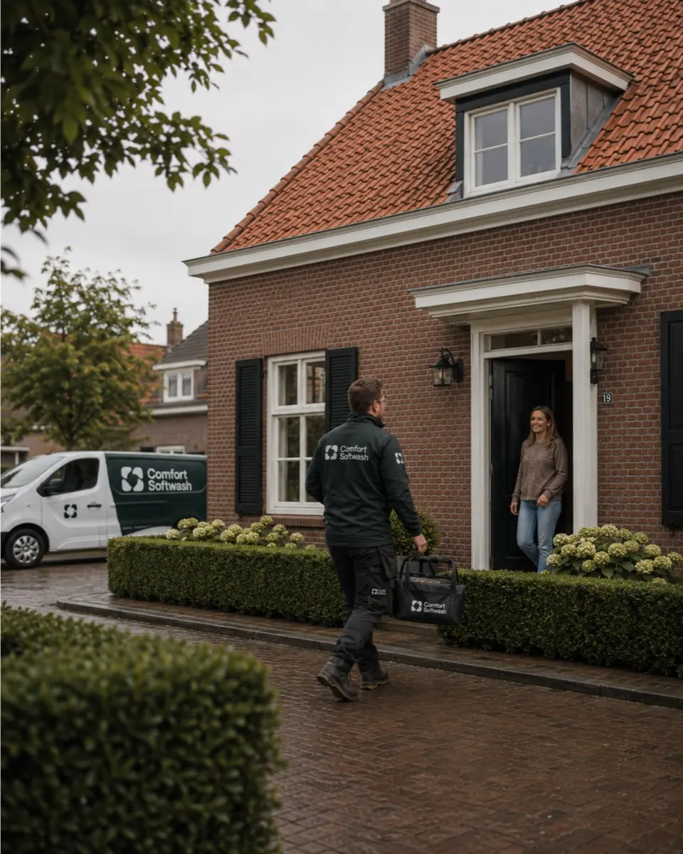 Medewerker van Comfort Softwash loopt naar een klant